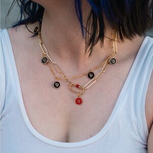 7 Charm choker necklace on gold plated chain - hearts theme 16”